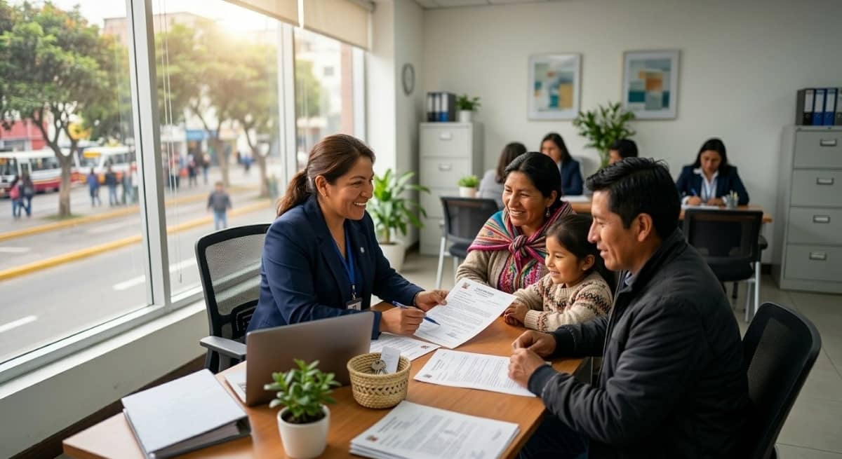 Asistente social peruano orientando a una familia sobre los requisitos para afiliarse al Programa Contigo del Midis.