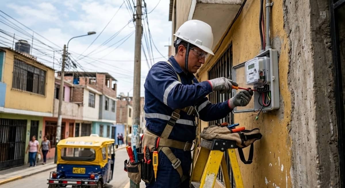 Técnico electricista instalando un medidor de luz independiente en la fachada de una vivienda multifamiliar en Perú.