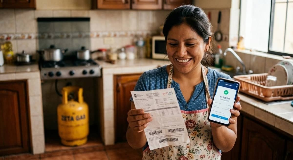 Madre peruana revisando su celular para consultar el código del Vale FISE de 30 soles para comprar su balón de gas.