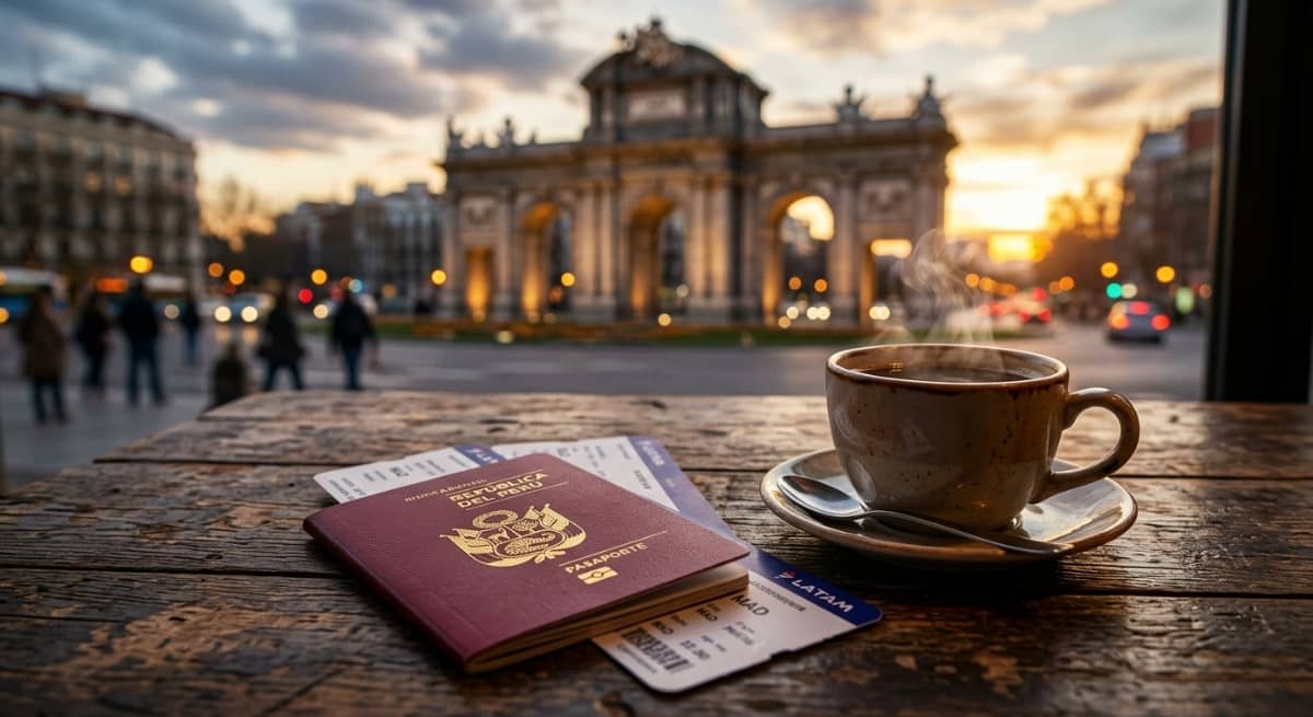 Pasaporte peruano y boletos de avión sobre una mesa, representando los requisitos para viajar a España desde Perú.