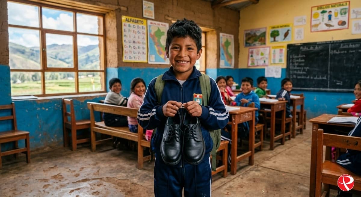 Estudiante peruano recibiendo kit de buzo deportivo y calzado escolar gratuito