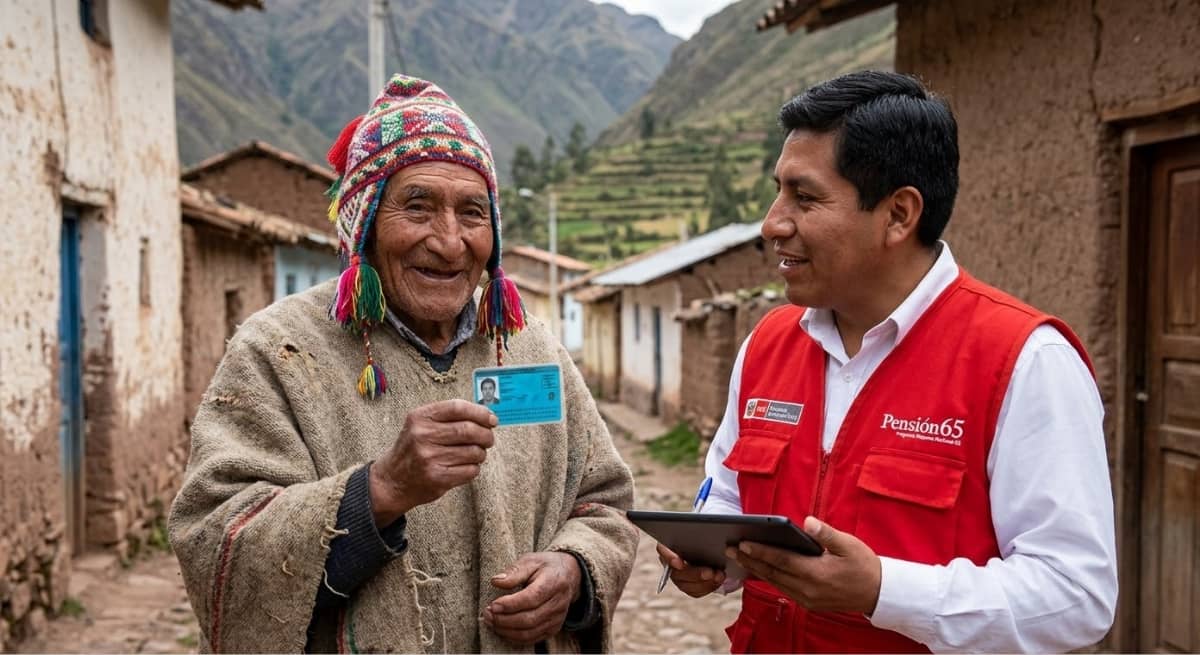 Adulto mayor peruano sonriendo con su DNI al postular al programa social Pensión 65.