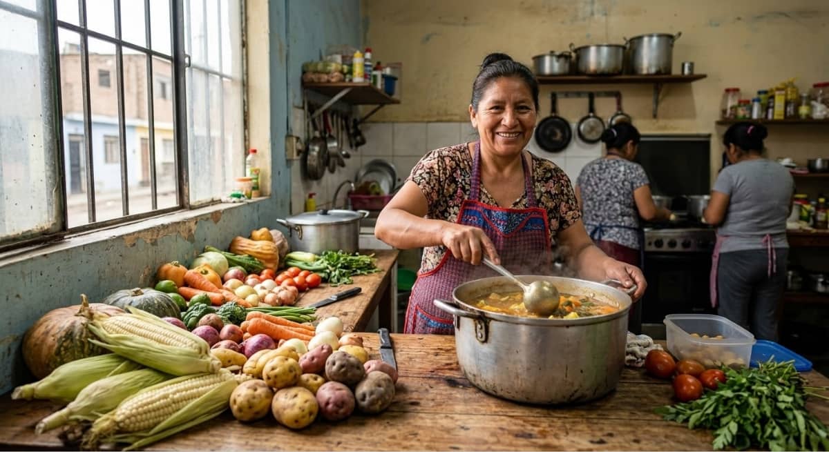 Atención de apoyo alimentario del Estado peruano en un comedor popular comunitario con alimentos frescos.