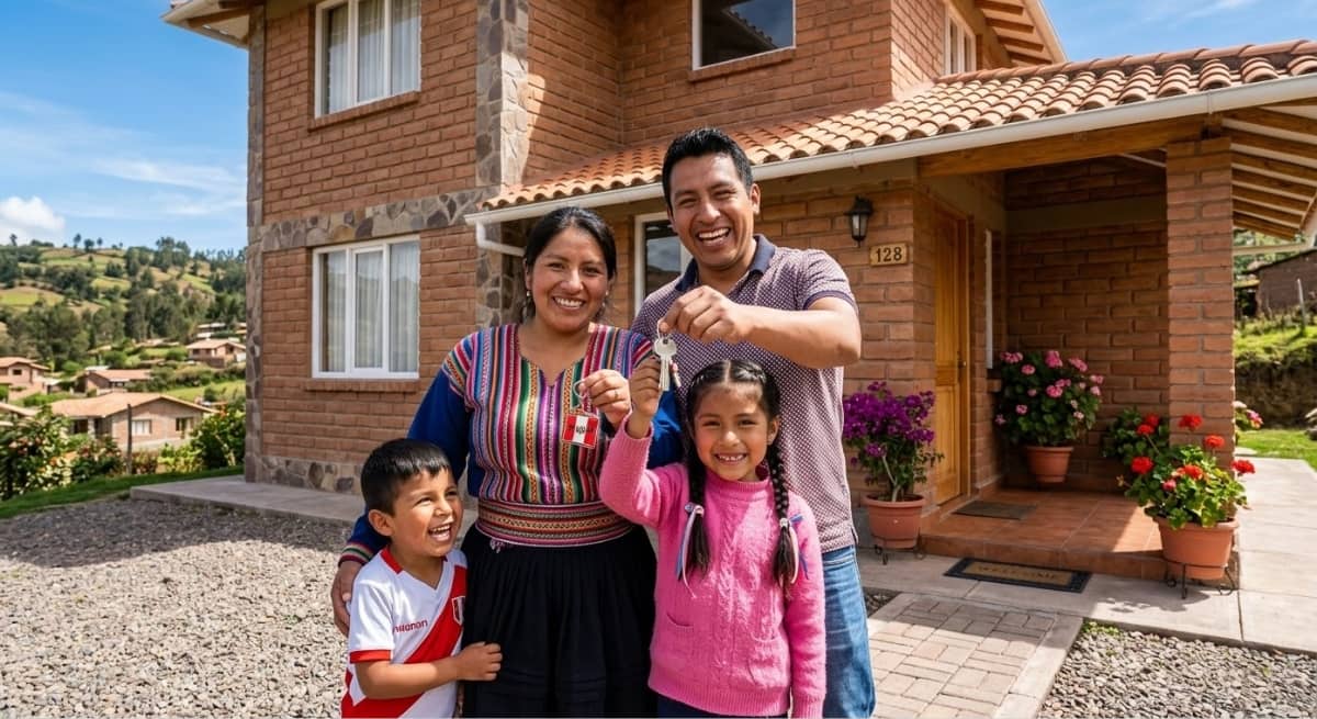 Familia peruana feliz sosteniendo las llaves de su nueva casa financiada con el Bono Techo Propio.